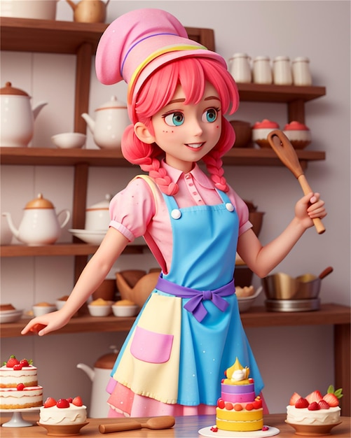 핑크색 모자를 입은 인형과 케이크 한가운데에 막대기.