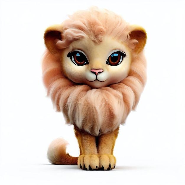 A doll with a pink mane and blue eyes is standing on a white background.