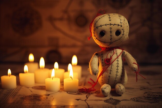 Doll with pins in a candlelit room Generative AI