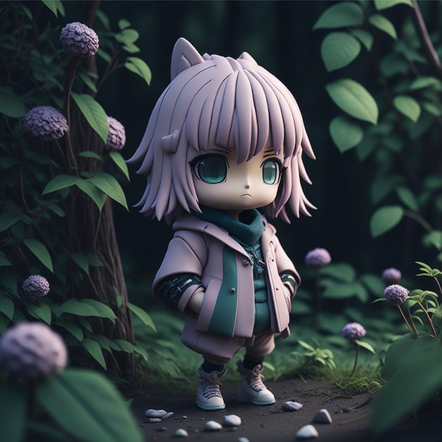 A doll with purple eyes stands in a forest.