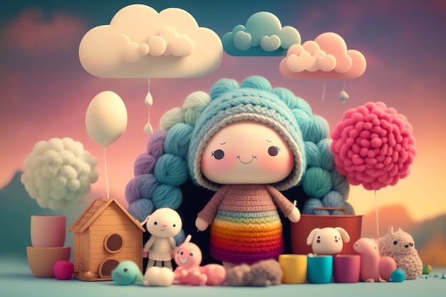 A doll with a rainbow hairdo and a sheep in the background