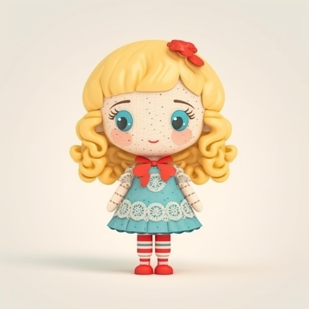 A doll with a red bow on it and a blue dress with a red bow.