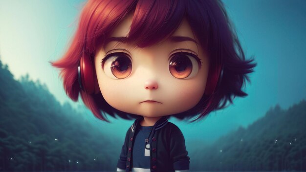 A doll with red hair and a black jacket stands in front of a blue background.