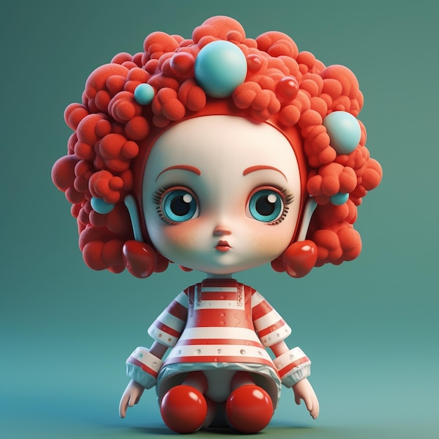 A doll with red hair and a red wig with blue balls on it.