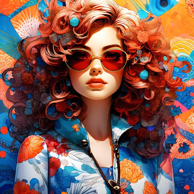 a doll with red hair and sunglasses is wearing a blue and white shirt with a blue print on it