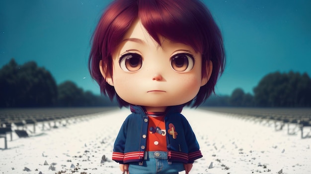 A doll with a red shirt and blue jeans stands on a snowy road.