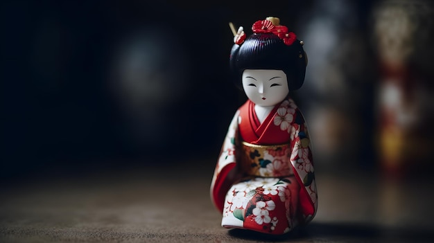 Кукла в красно-белом кимоно со словами гейша на нем