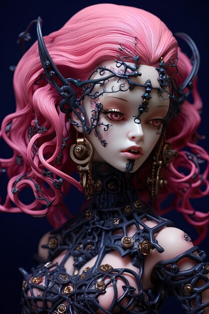 a doll with a spider web design on the face and the eyes are made of metal