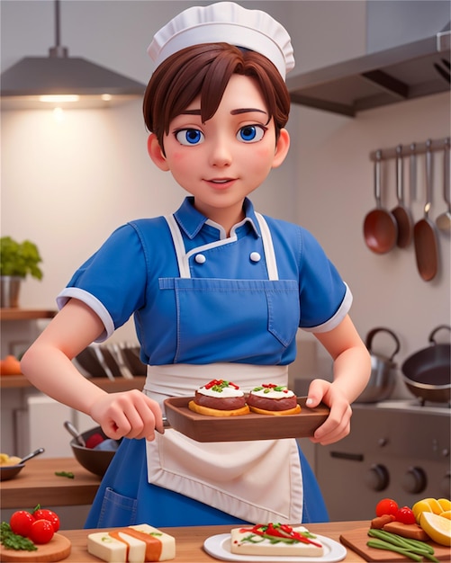 a doll with a tray of food in a kitchen with a pizza on it.