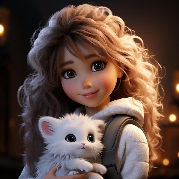 A doll with a white cat in her arms