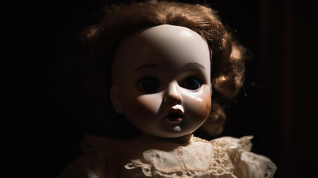 A doll with a white dress and a black background