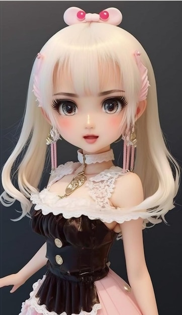 A doll with a white dress and pink hair.