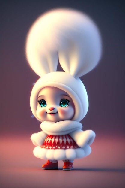 A doll with a white rabbit on its head and a white rabbit on its head.