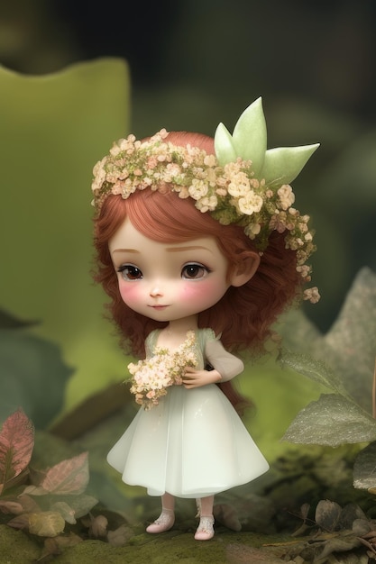 A doll with a wreath of flowers on her head