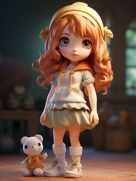 a doll with a yellow dress and a white teddy bear.