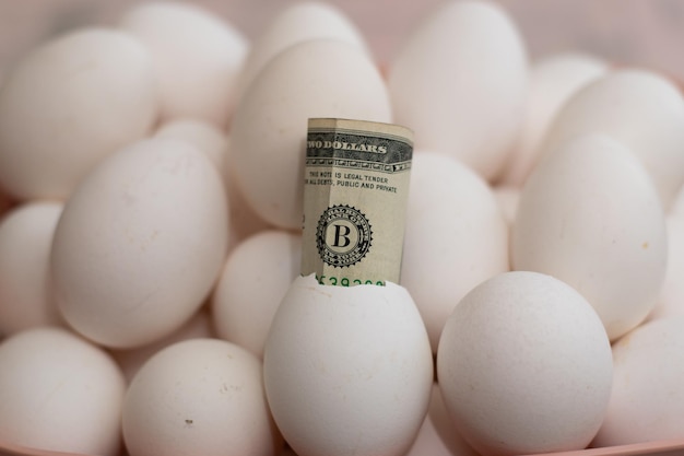 A dollar bill is sticking out of a pile of eggs.