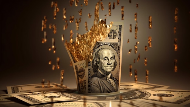 a dollar bill is surrounded by gold coins and gold coins.