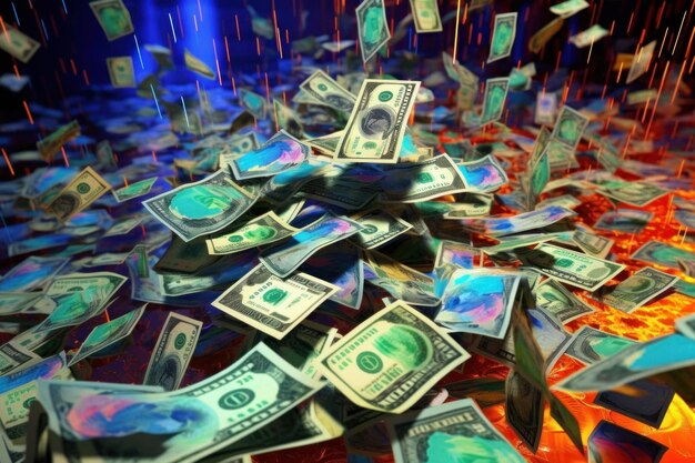dollar bills falling with colorful abstract background