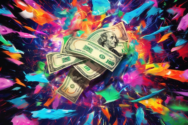 dollar bills falling with colorful abstract background