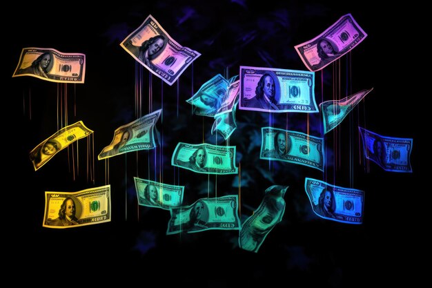 dollar bills falling with Neon colorful background