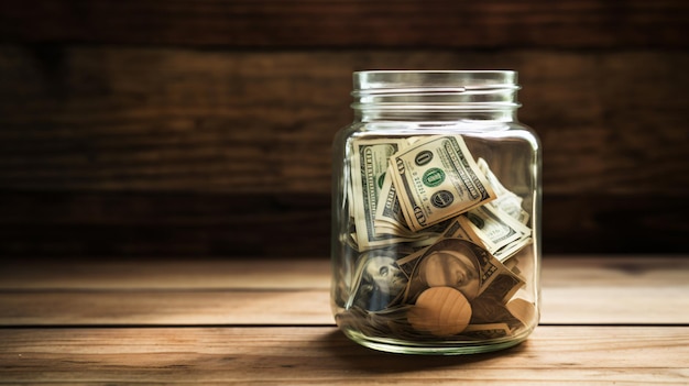 Dollar bills in glass jar on wooden background