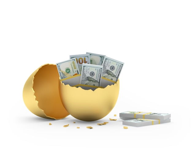 Dollar bills in golden broken egg isolated on white