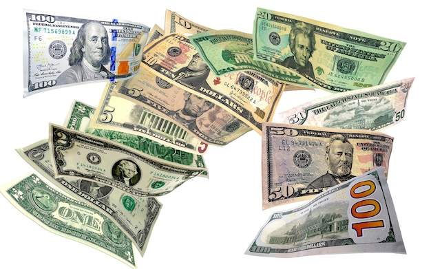 Dollar bills of various denominations flying money US state bank money background