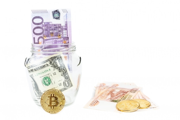 Dollar and bitcoin white background