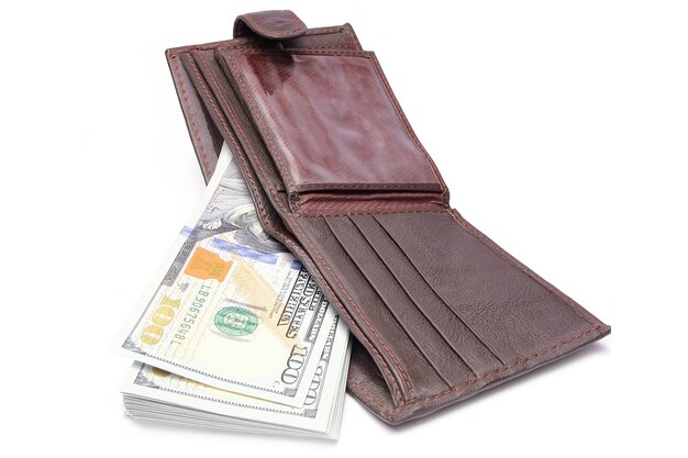 Dollar business money in a purse on a white background