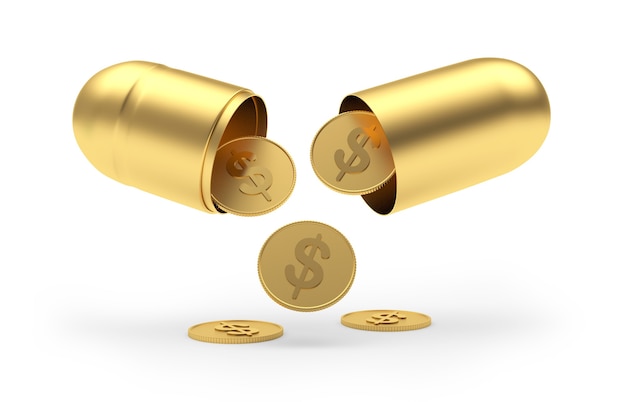 Dollar coins are falling from the golden medical capsule.