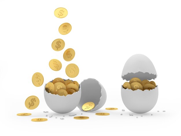 Dollar coins fall into broken eggshells