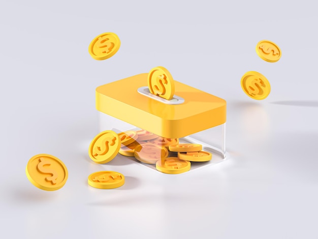 Dollar coins fall into a yellow safe Money saving concept Financial metaphor