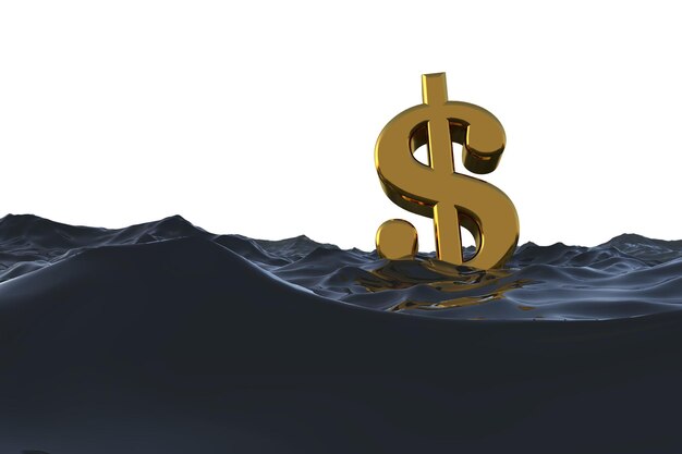 Dollar currency symbol at sea Drowning in debt financial problem concept 3D rendering