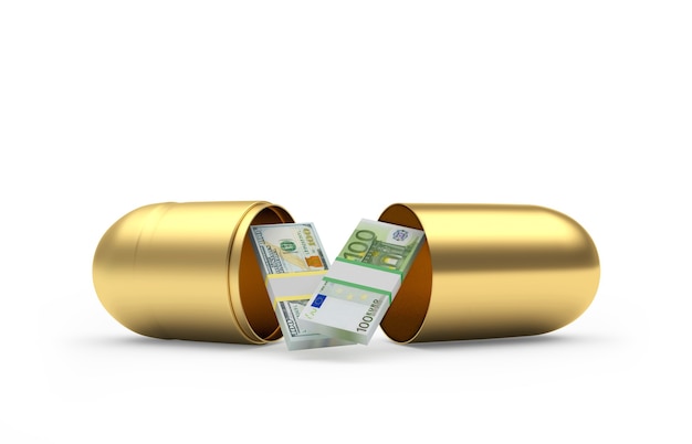 Dollar and euro banknotes inside a golden medical capsule