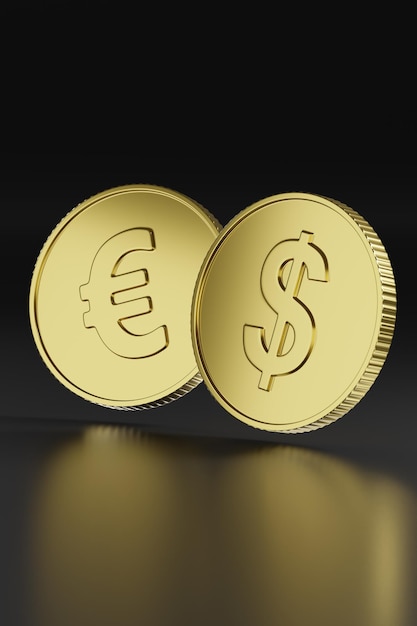 Dollar and euro coins on dark background 3d illustration