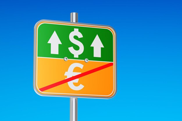 Dollar and euro symbol on the road sign 3D rendering