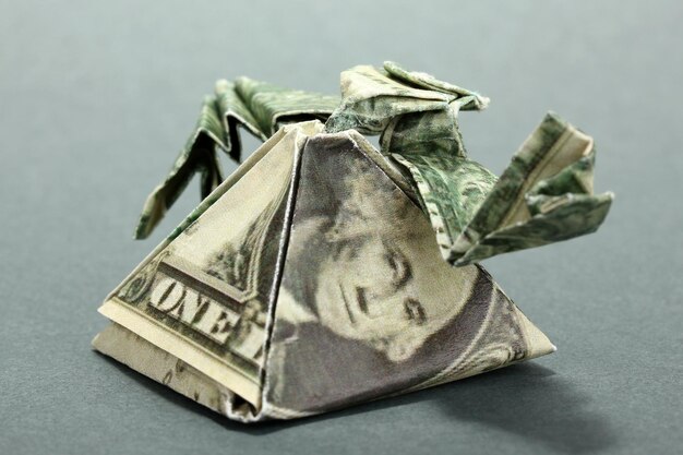 Dollar gevouwen in Egyptische piramide op grijze achtergrond