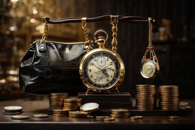 Dollar money bag and stopwatch balancing on a seesaw