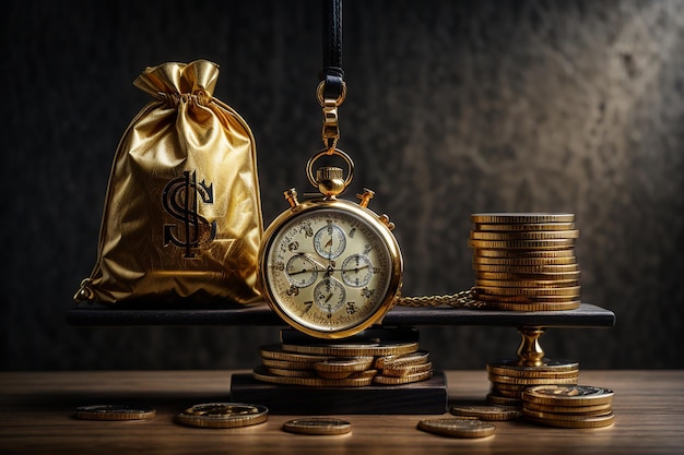 Dollar money bag and stopwatch balancing on a seesaw