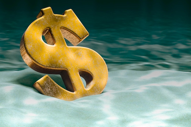 Dollar on ocean bottom underwater 3D rendering