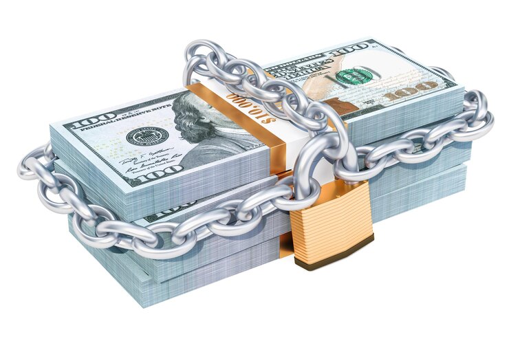Dollar packs with padlock and chain 3d rendering