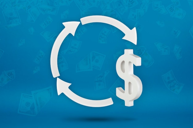 Foto dollar recycling valutawissel amerikaanse dollar wisselkoers pijlen rond het dollarpictogram 3d-beeld op een blauwe achtergrond