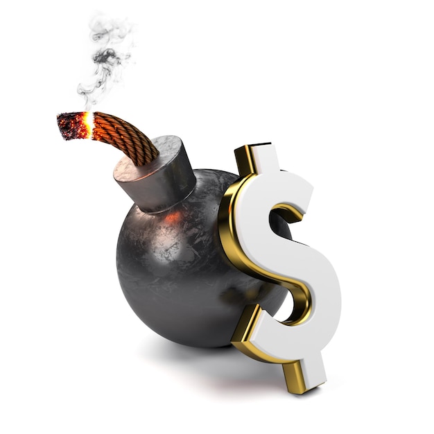 A dollar sign on a burning bomb Isolated white background 3D rendering