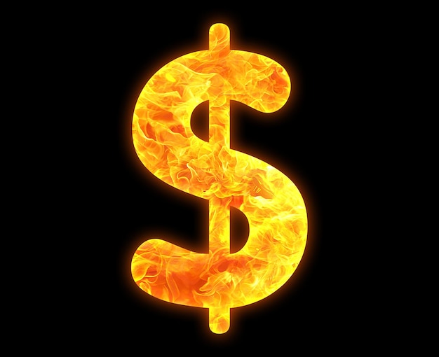 Контур знака доллара с ярким рисунком огня, выделенным на черном фоне