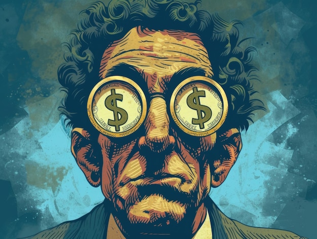 Foto segni di dollari invece di occhi una caricatura di una persona amante del denaro