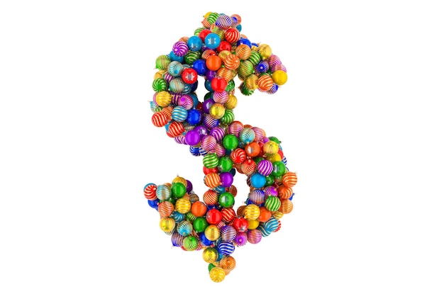 Dollar symbol from colored Christmas balls 3D rendering