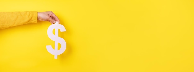 Photo dollar symbol in hand over yellow background, panoramic layout