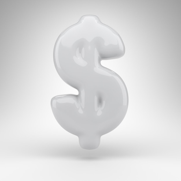 Фото Символ доллара на белом фоне. белый пластиковый 3d визуализированный знак с глянцевой поверхностью.