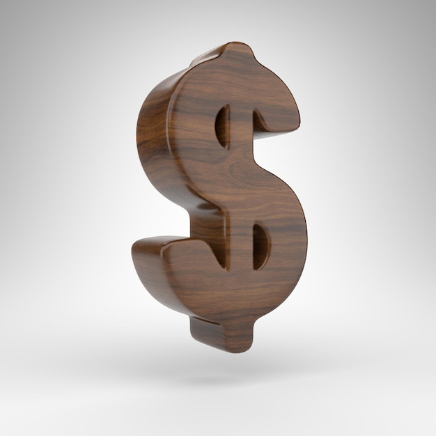 Dollar symbol on white background. Dark oak 3D rendered sign with brown wood texture.