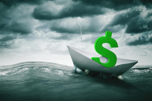 dollar symbol with a paper ship floating on sea